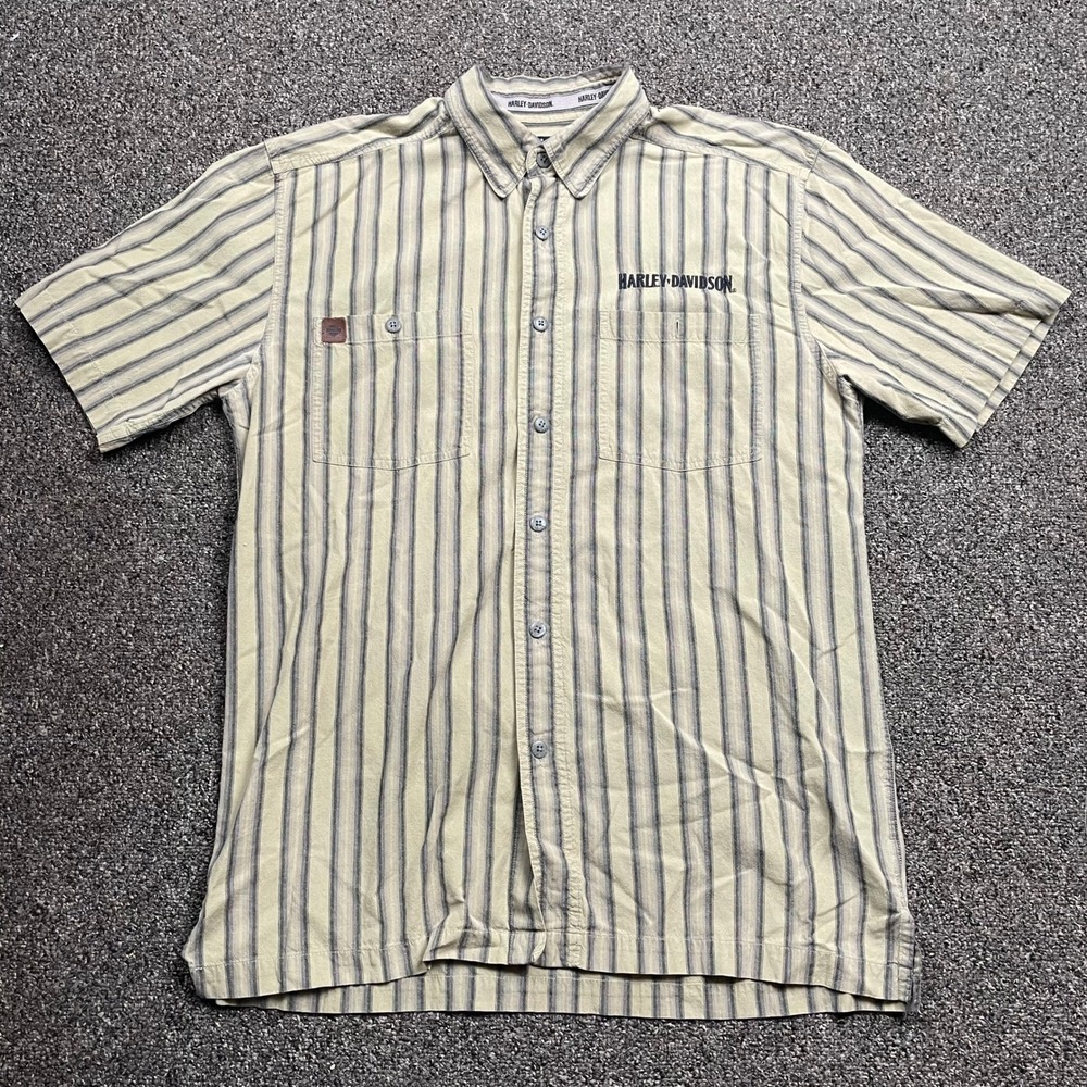 Harley Davidson Mens Short Sleeve Button Down Striped Shirt Tan Grey Large